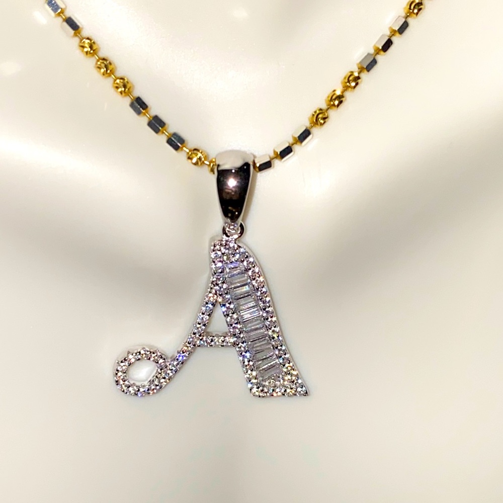 10k white gold vermeil initial pendant, simulated diamonds, initial monogram